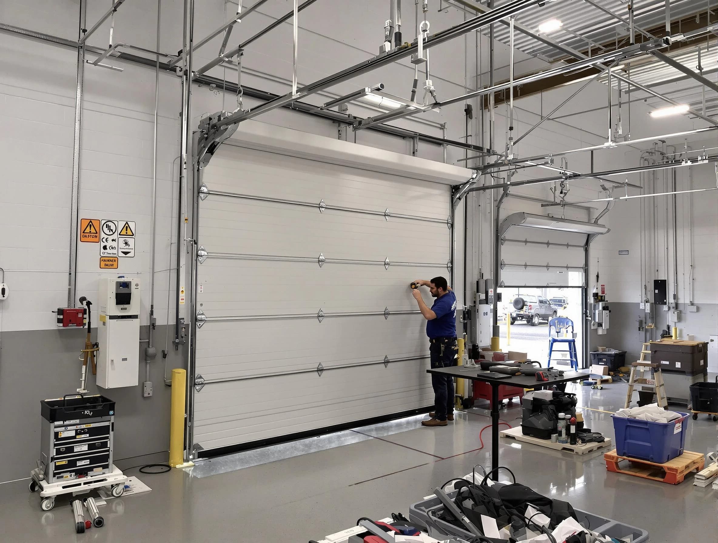Commercial garage door repair being performed by Midway Garage Door Repair expert in Midway