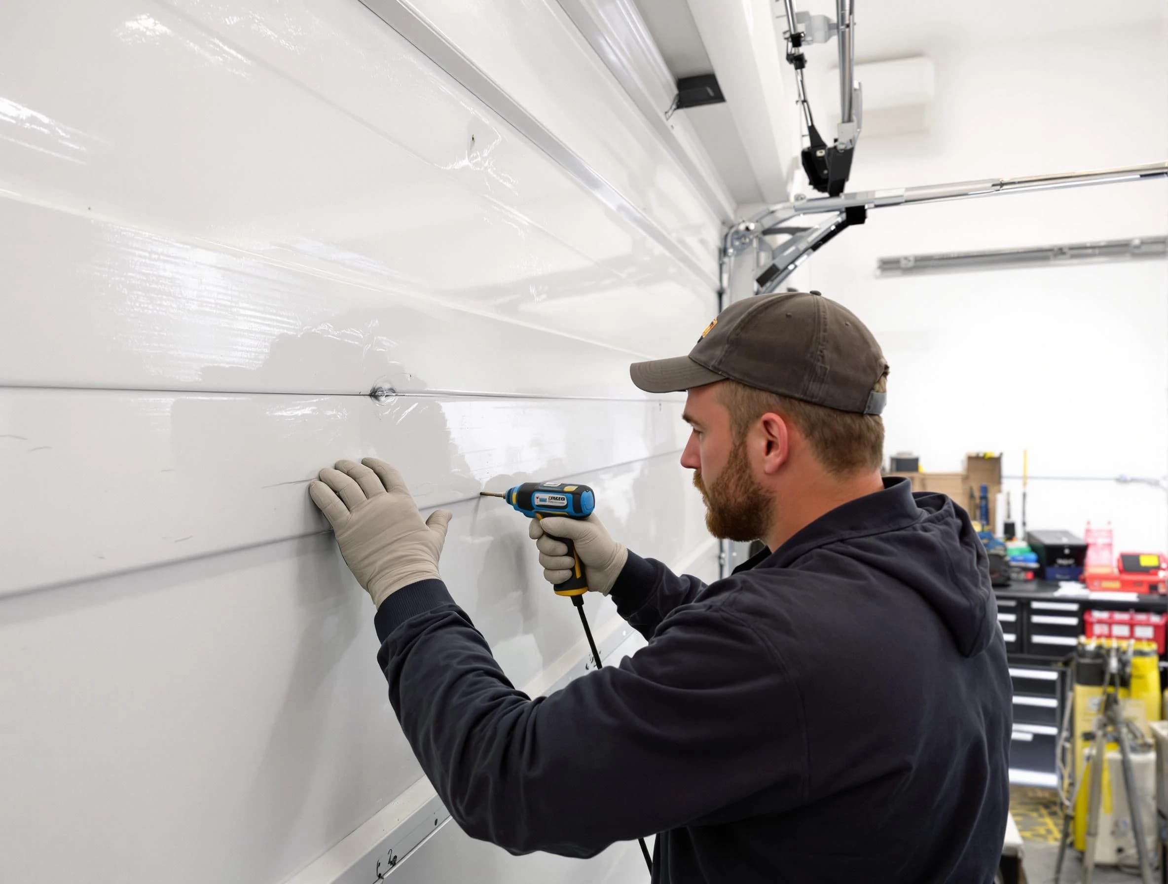 Midway Garage Door Repair technician demonstrating precision dent removal techniques on a Midway garage door