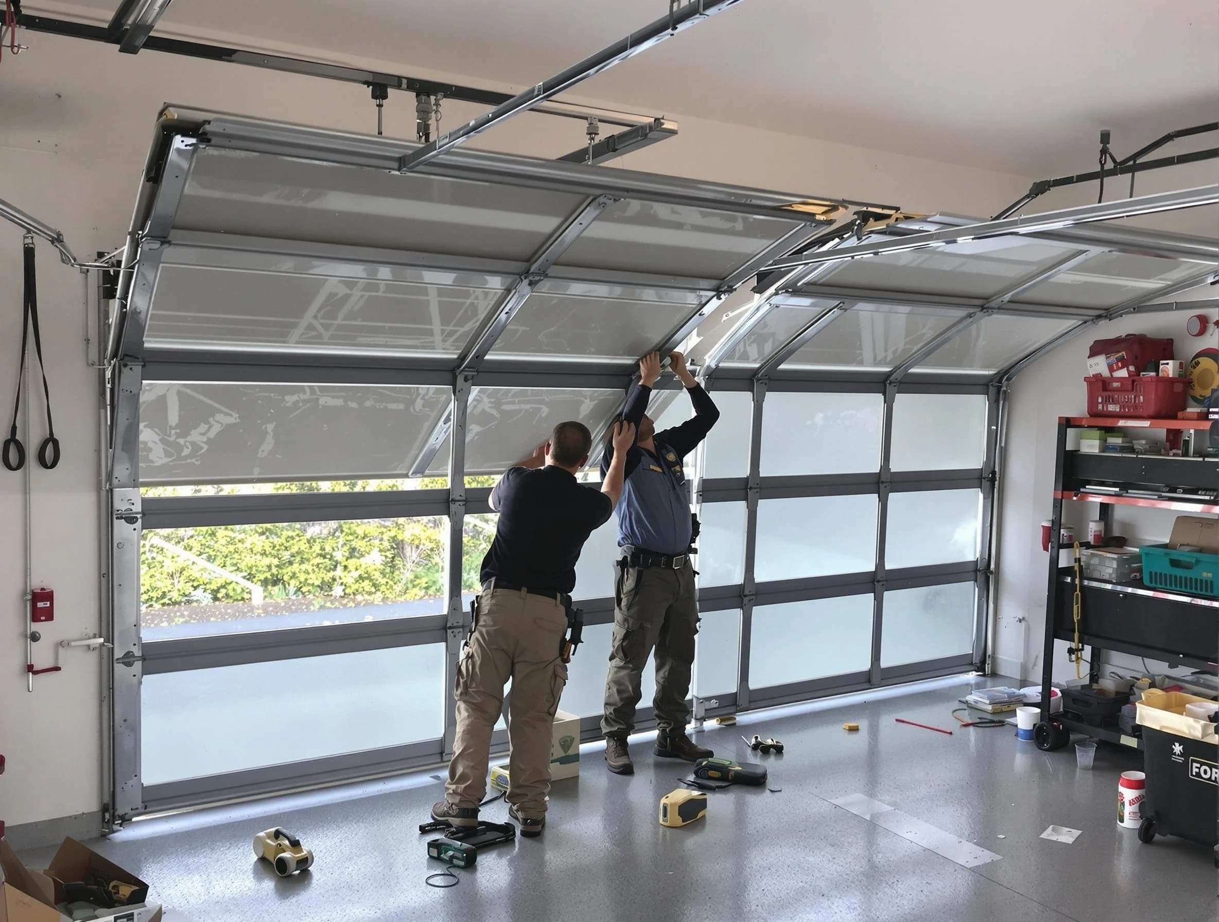 Midway Garage Door Repair expert performing precise panel replacement on Midway garage door