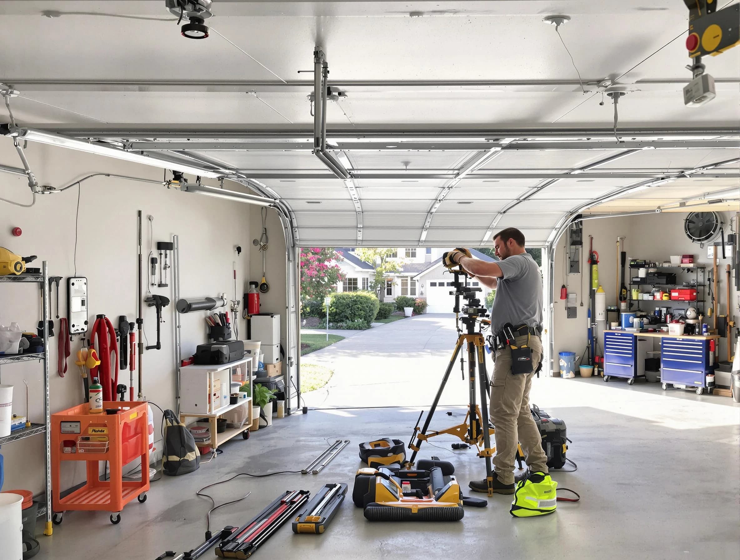 Midway Garage Door Repair specialist performing laser-guided track alignment in Midway
