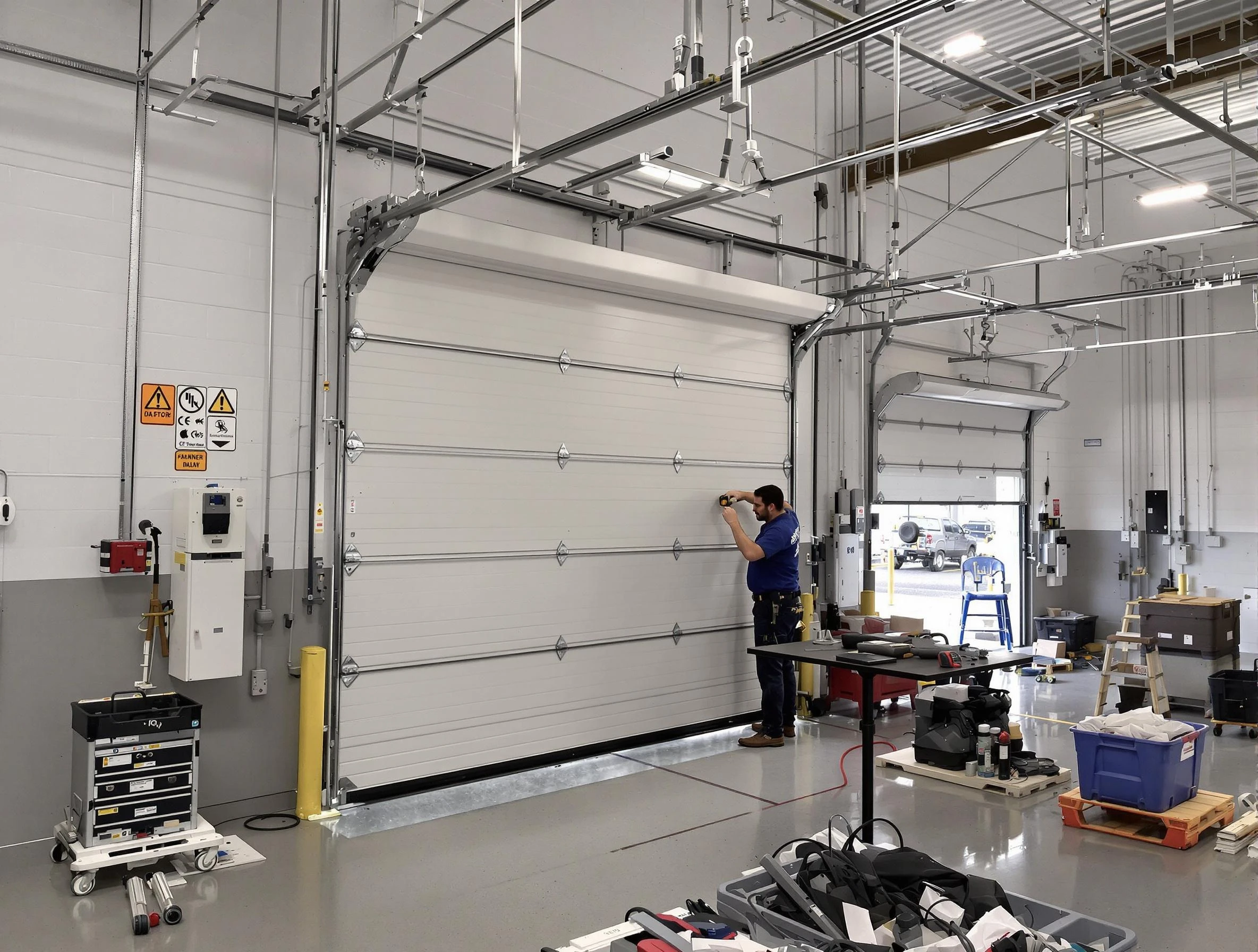 Commercial garage door repair being performed by Midway Garage Door Repair expert in Midway