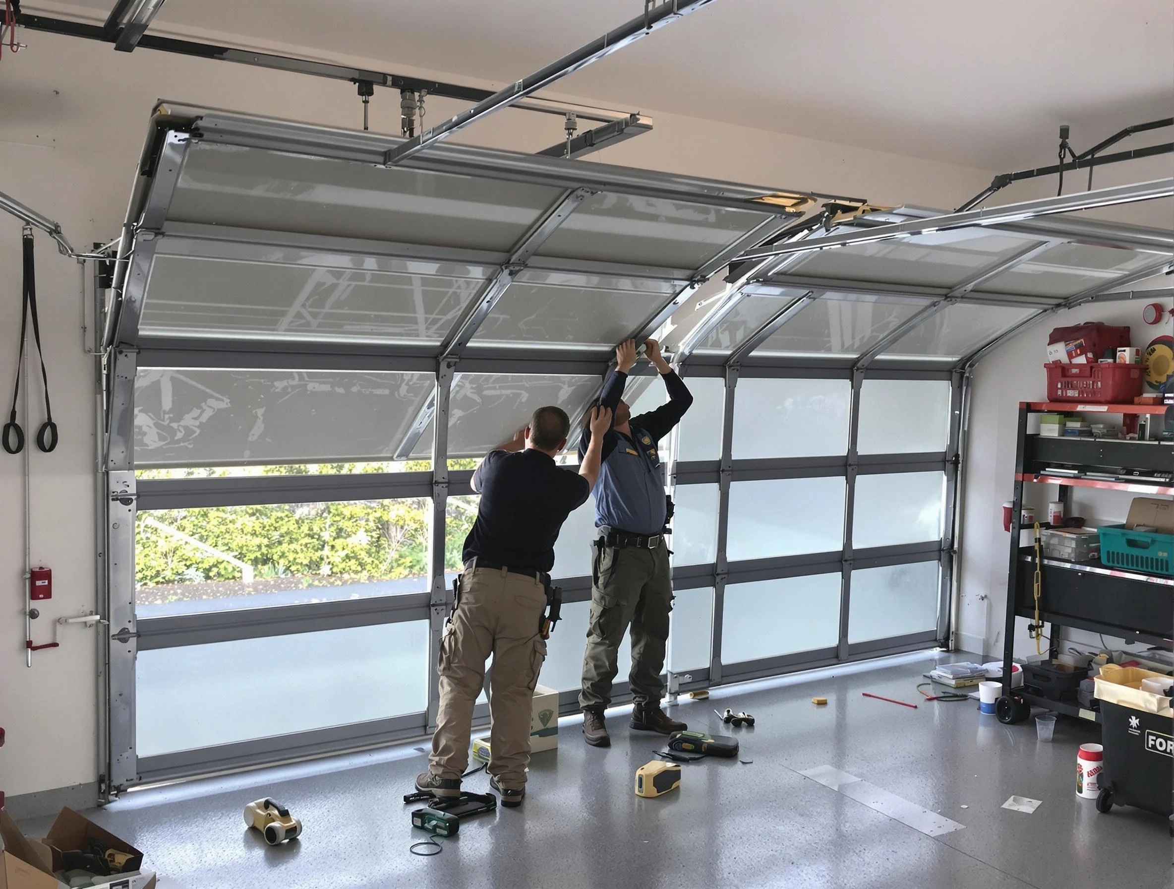 Midway Garage Door Repair expert performing precise panel replacement on Midway garage door